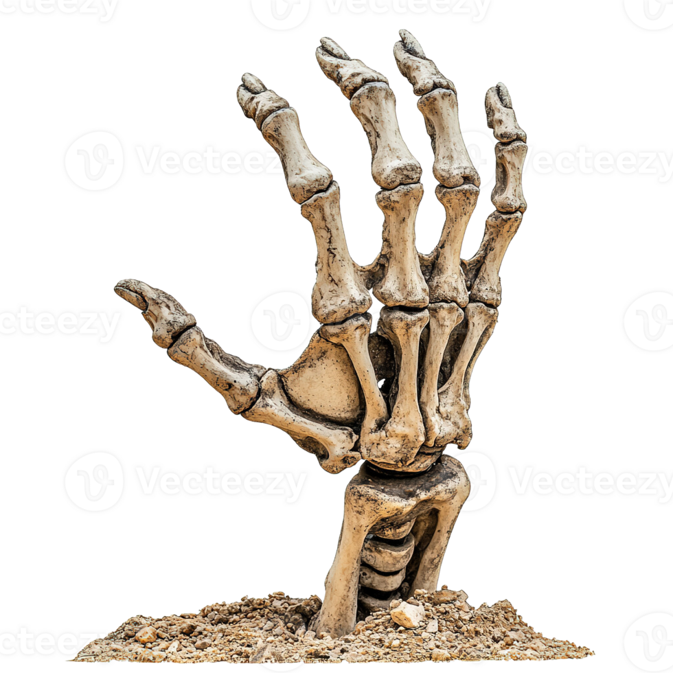 Decayed skeletal hand breaking through the earth isolated png