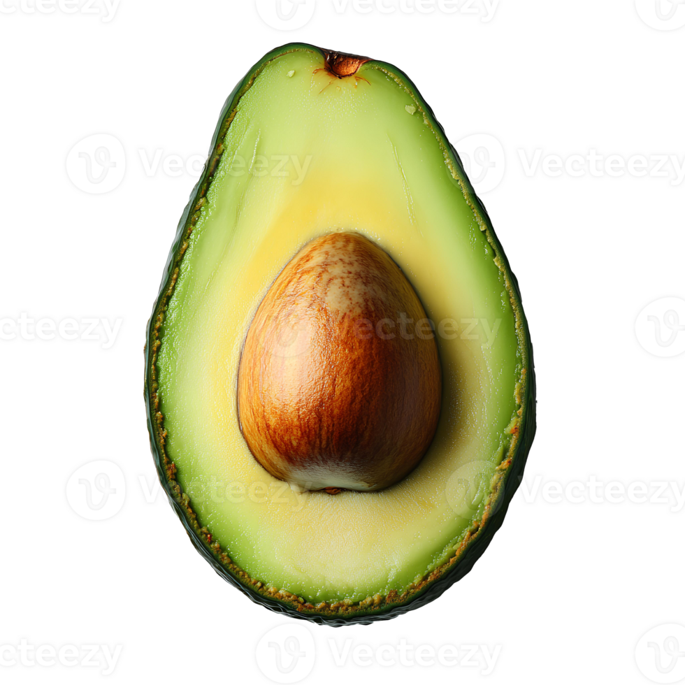 Avocado slice , top view, flat lay design, isolated on transparent background. Fresh green avocado slice with seed, showcasing creamy texture and vibrant color. Perfect for healthy food preparation png