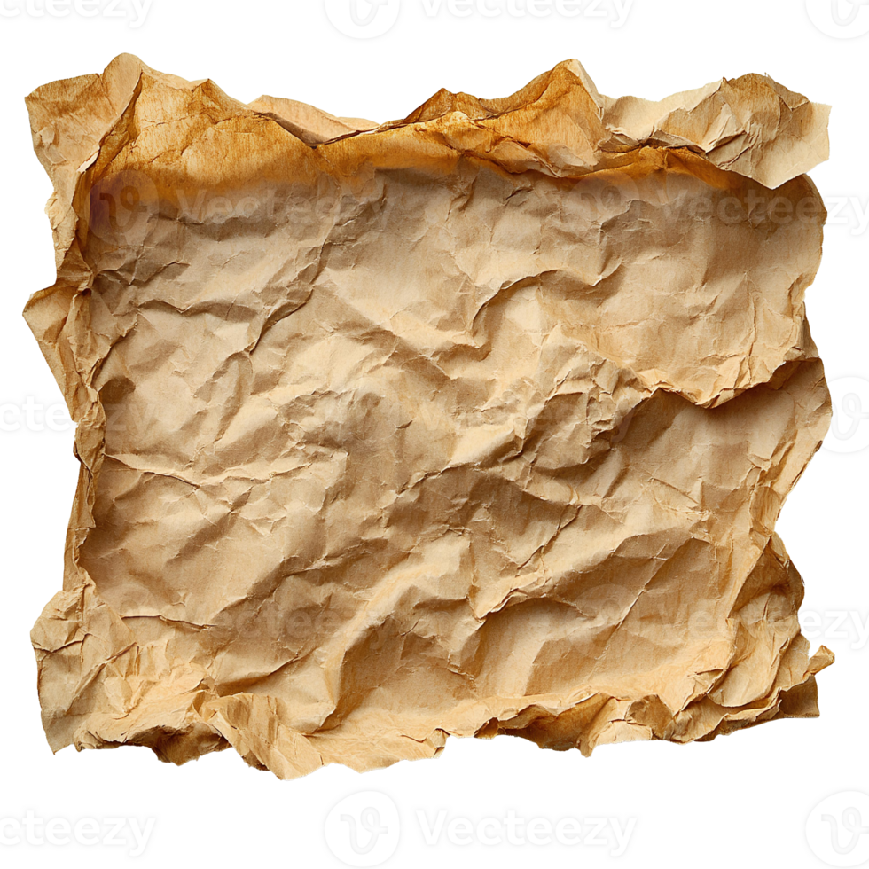 Crumpled paper wrapper , top view, isolated on transparent background. Wrinkled, textured paper with natural creases and folds. Ideal for packaging, recycling concepts, or digital design elements png