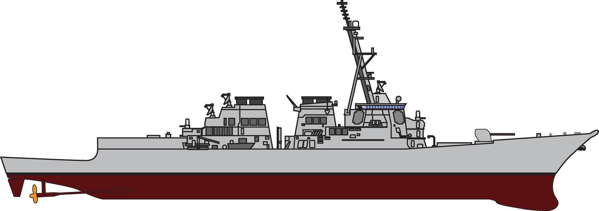 A navy ship with a red bow and white stern vector
