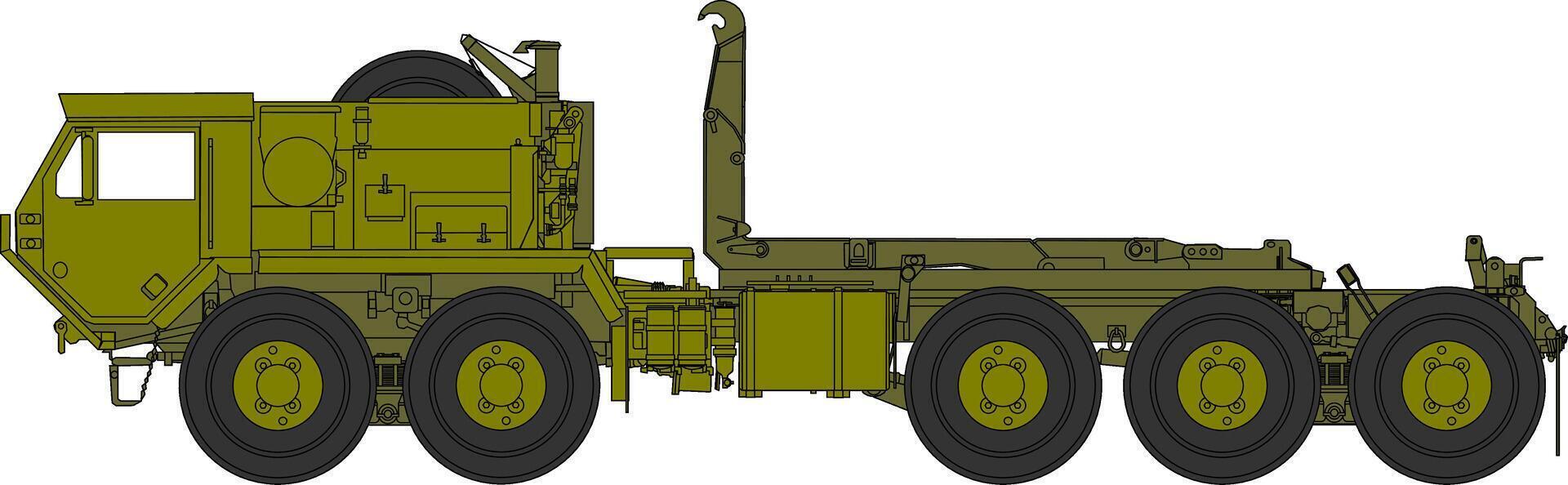 A military truck with large wheels and a flat bed vector