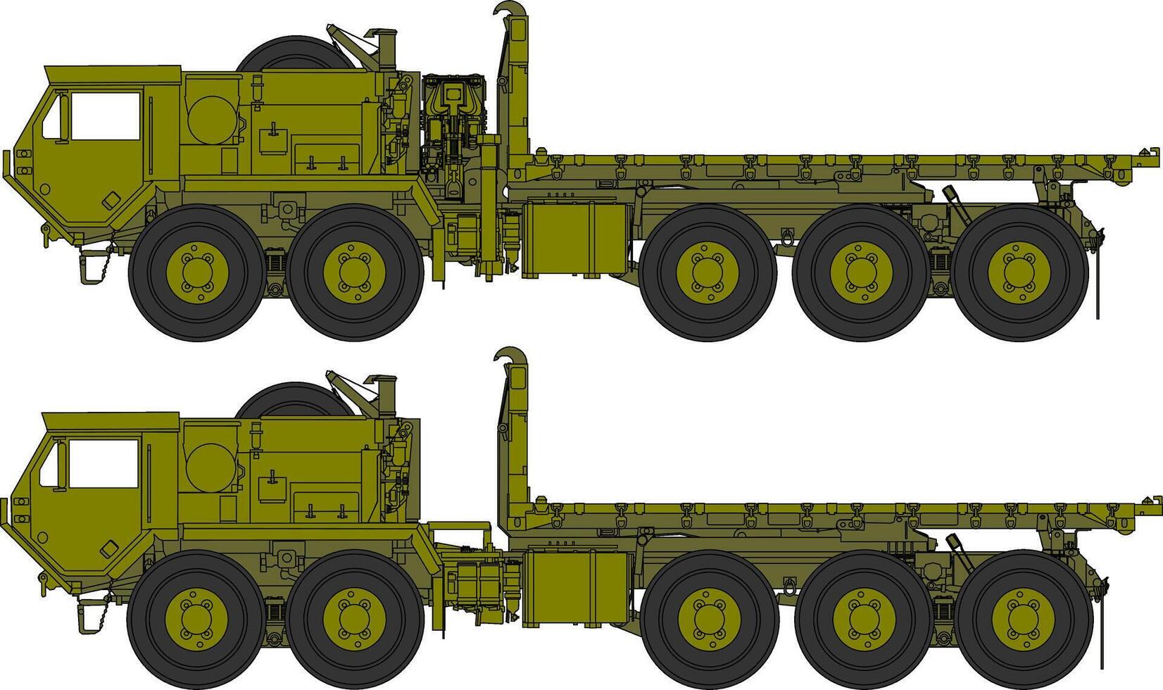 Two large military trucks with wheels and tires vector