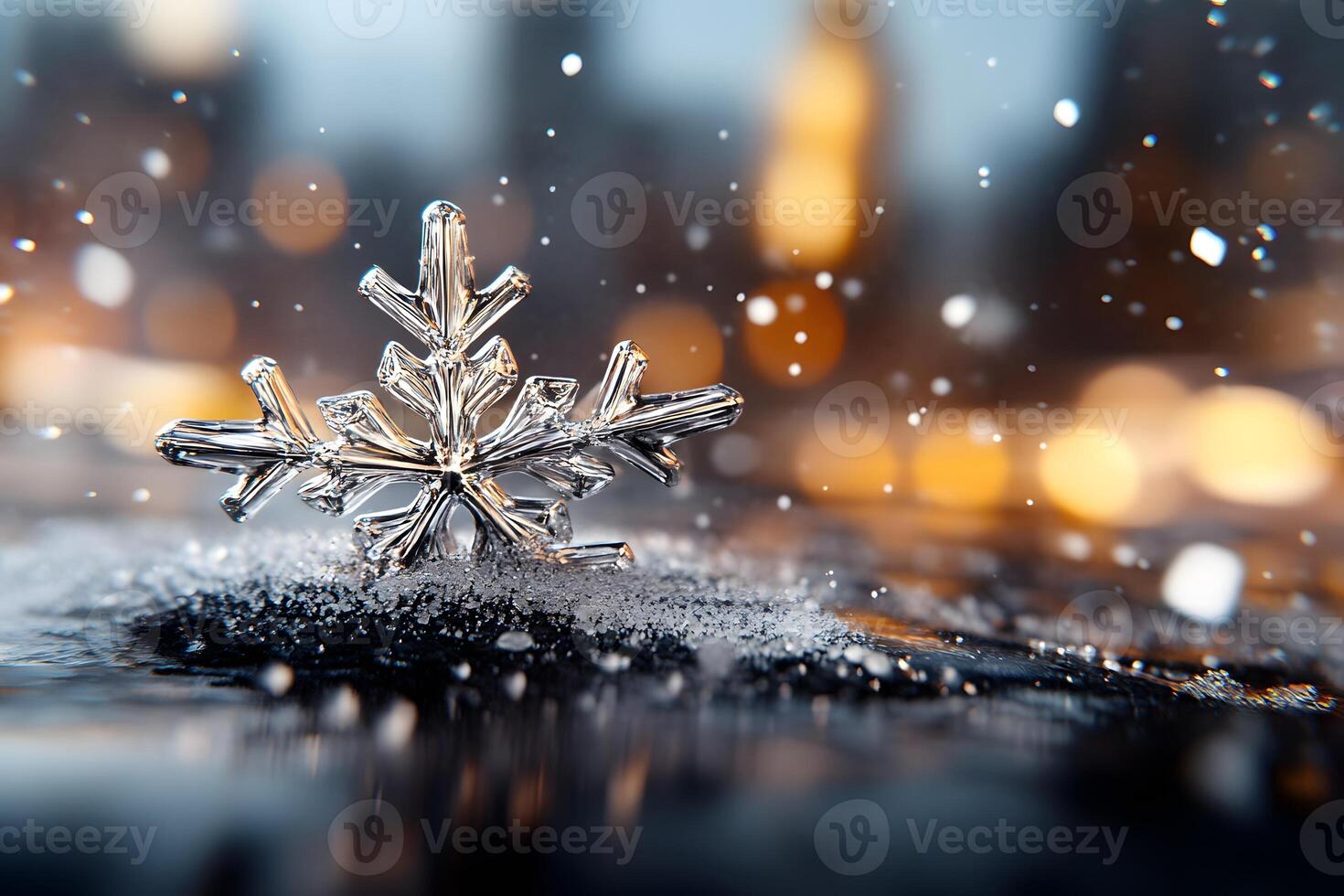 Crystal snowflake ornament on snowy surface with warm bokeh lights in the background photo