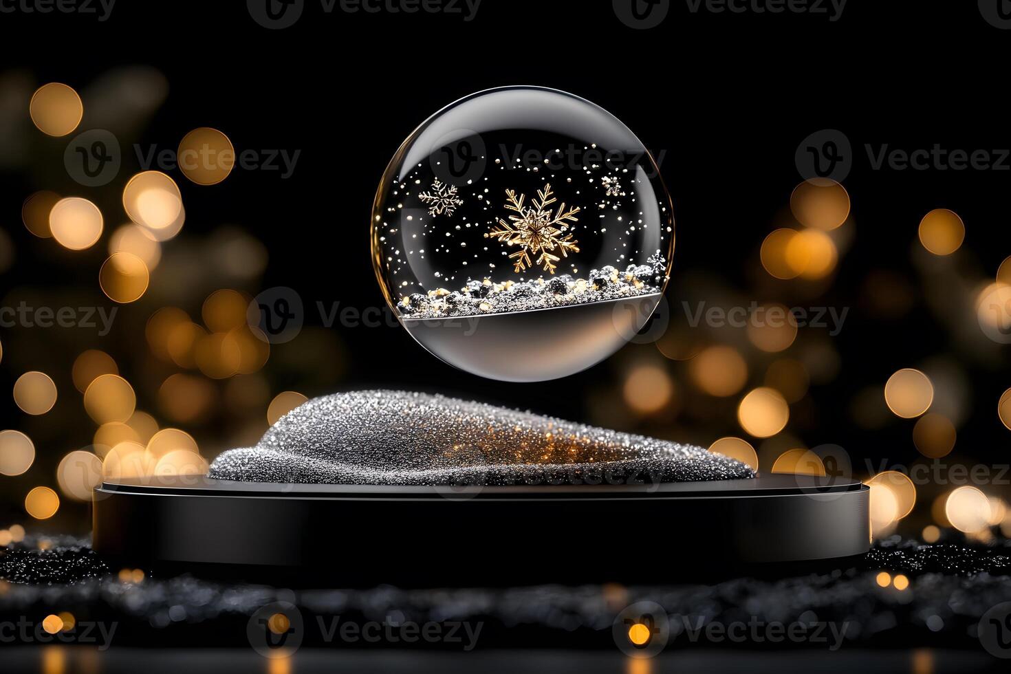 Glowing snowflake inside floating glass orb with festive bokeh lights in the background photo