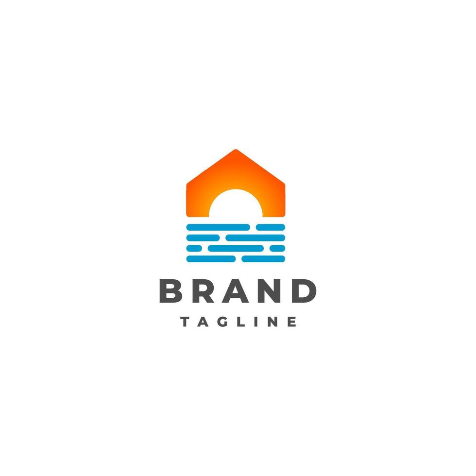 Simple House with Sunrise Beach Scheme Logo Design. Beach View in the Shape of a House Logo Design. vector