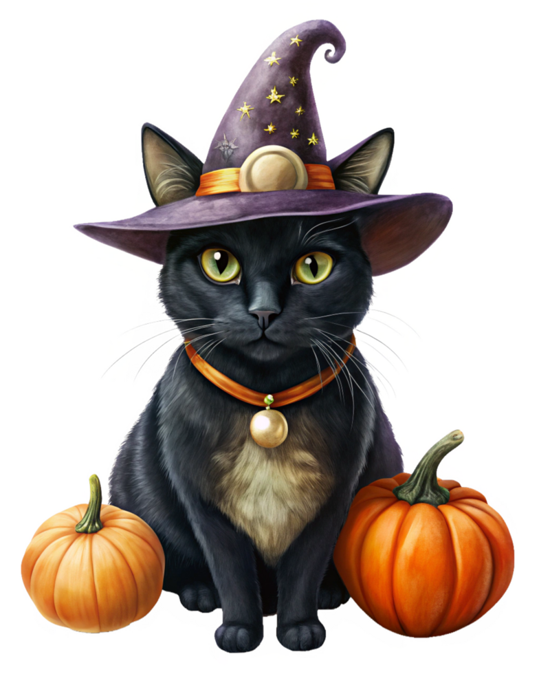 Charming Black Cat with Witch Hat for a Spooky Halloween png