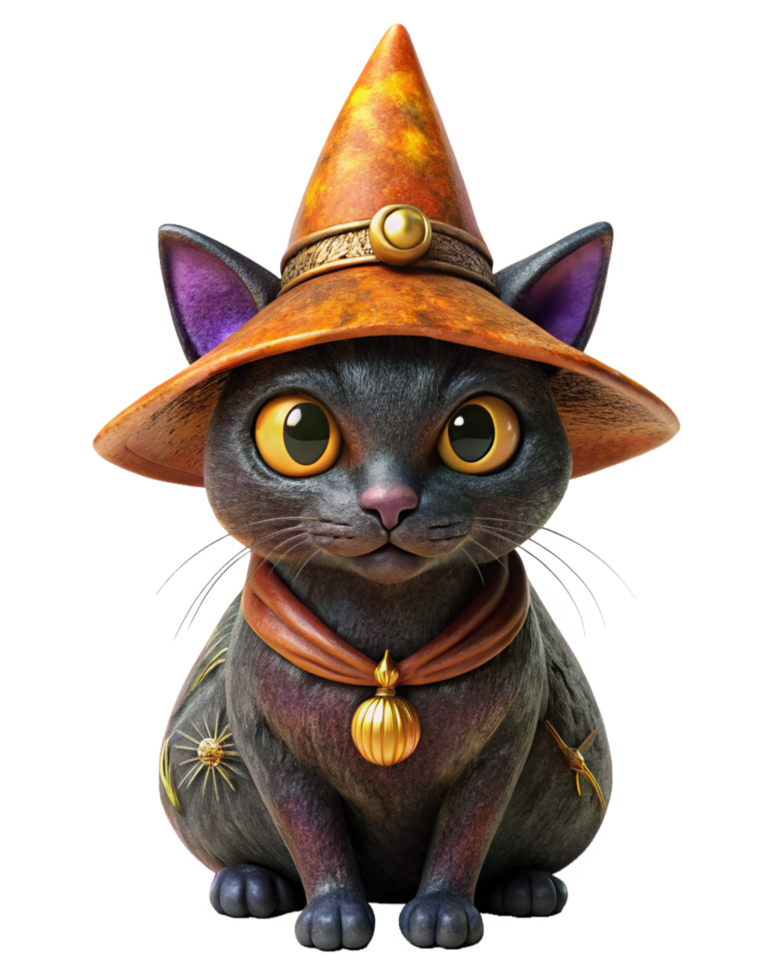 Halloween Black Cat in Witch Hat with Spooky Charm png