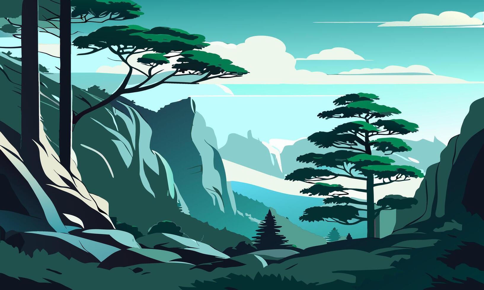 Mountain landscape with pine trees, illustration. vector