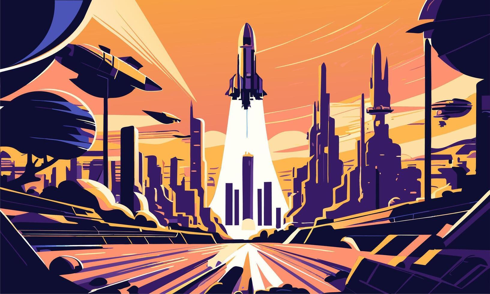 Futuristic retro poster with star shuttle fantasy cityscape concept. vector