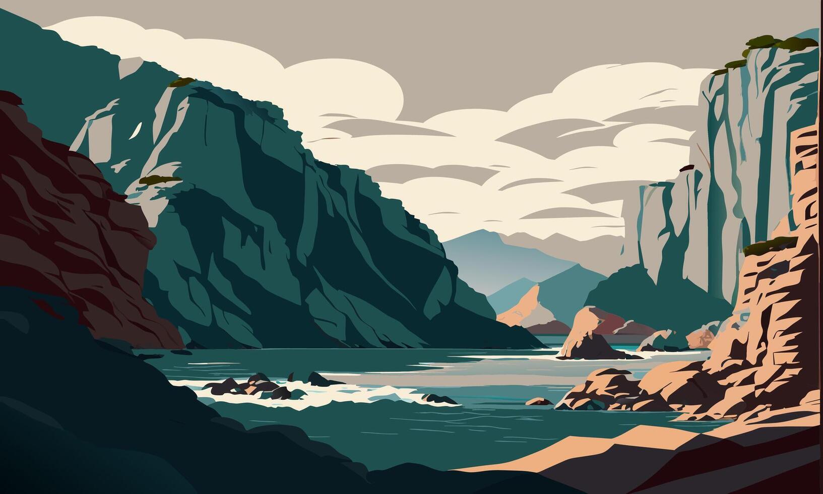 Picturesque coastal scenery with mountains, illustration. vector