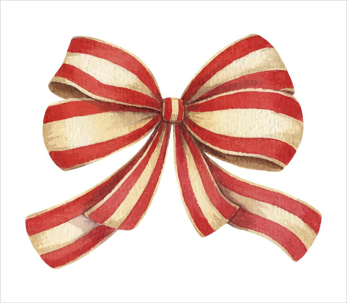 Christmas ribbon bow with red and gold stripes. Hand drawn watercolor winter illustration of home decoration. Seasonal isolated drawing for Xmas graphic and tradition greeting card design. vector