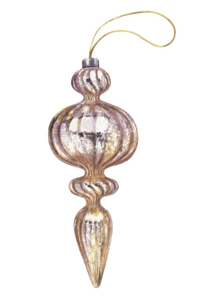Christmas tree ornament glass hanging. Hand drawn watercolor winter illustration of decorative sparkling mirrored bauble. Isolated drawing for Xmas graphic and tradition greeting card designs. vector