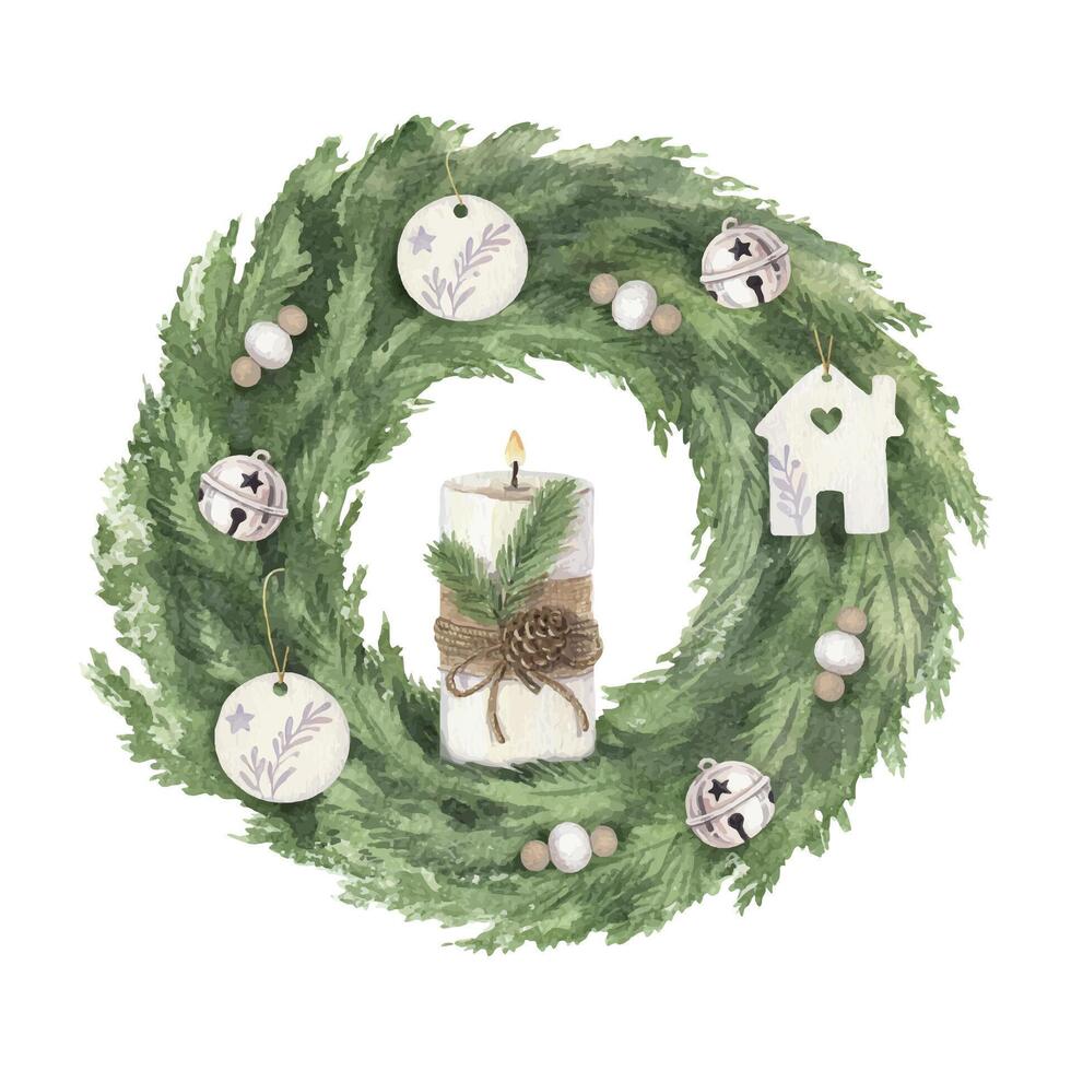 Christmas wreath of pine branches decorated with ornaments. Hand drawn watercolor winter illustration of home decor. Seasonal isolated drawing for tradition graphic and greeting card designs. vector