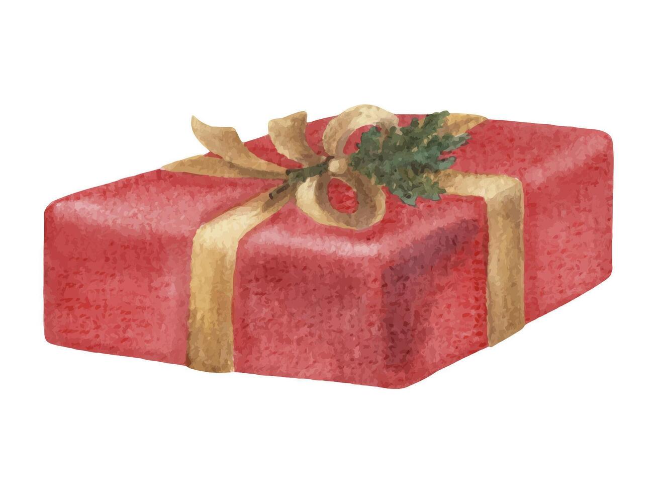 Christmas gift wrapped with red package and golden ribbon. Hand drawn watercolor illustration of home decor. Seasonal isolated drawing for tradition Xmas graphic and greeting card design. vector