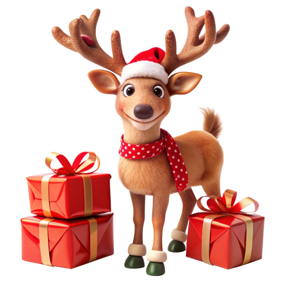 Smiling Reindeer in Santa Hat Spreading Christmas Fun png