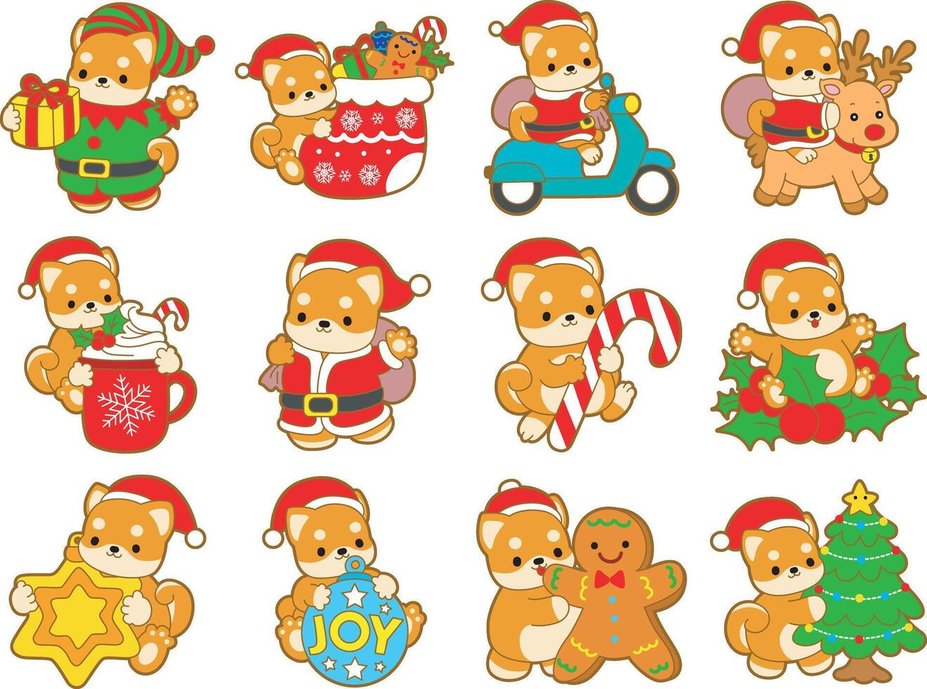 Variation of Christmas Elements Shiba Inu character. Cute puppy kawaii christmas dog lovely animal icon. Fluffy Shiba Inu christmas stickers. Santa doggy vector