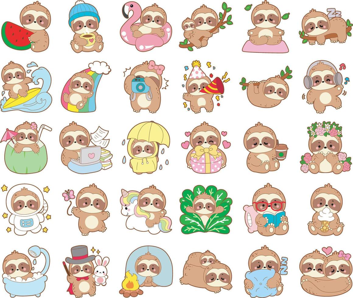 Variation activities daily of cute sloth. Twitch emote cute sloth icon. Funny baby sloth animal series stock illustration. Slow life of fluffy sloth designs. vector