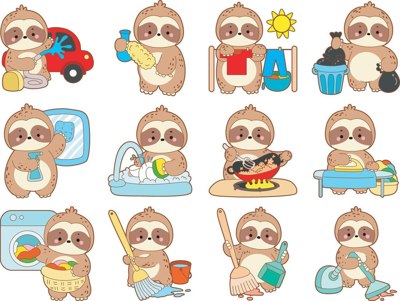 Sloth in the variation of chores and cleaning service. Twitch emote cute sloth icon. Funny baby sloth animal series stock illustration. Slow life of fluffy sloth designs. vector