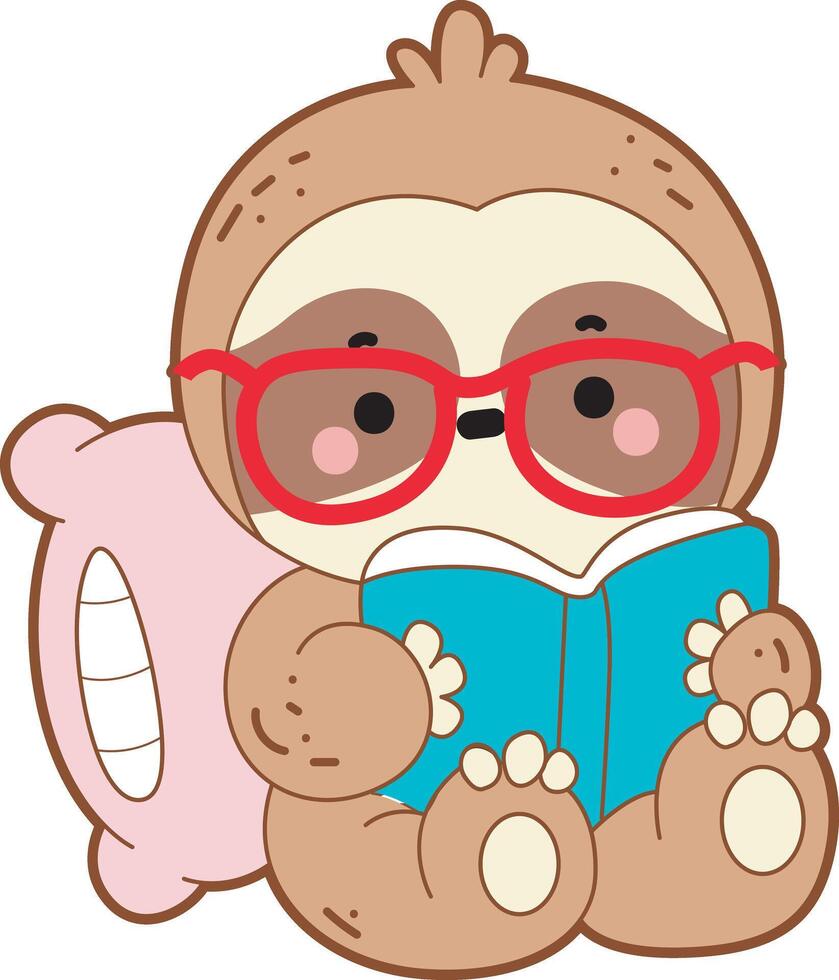 Sloth reading a book with pillow. Twitch emote cute sloth icon. Funny baby sloth animal series stock illustration. Slow life of fluffy sloth designs. vector