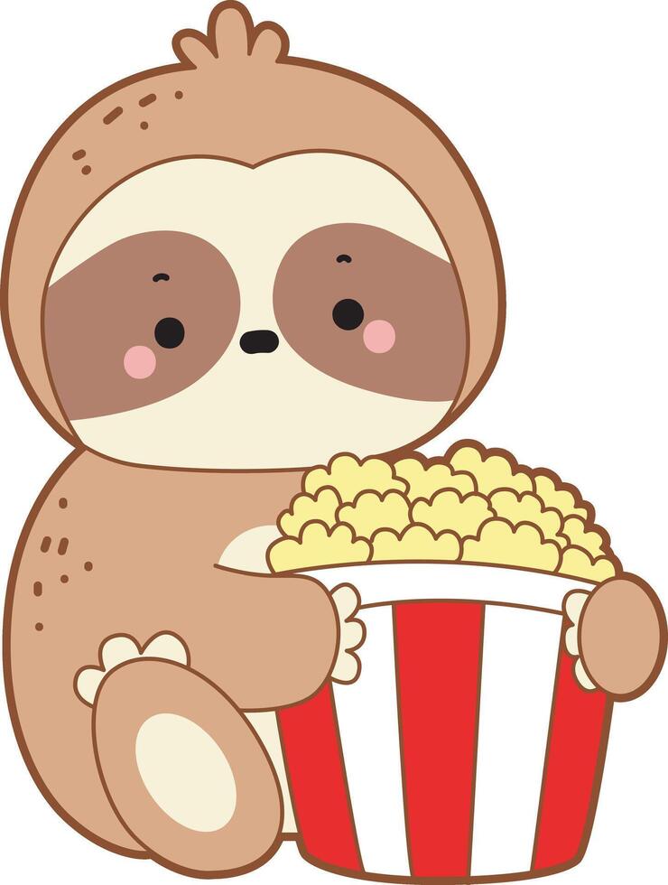 A sloth want to eating popcorn. Cute sloth icon. Funny baby sloth animal series stock illustration. Slow life of fluffy sloth designs. vector