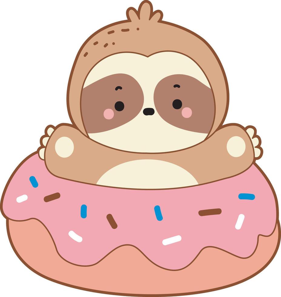 A sloth in the middle of doughnut. Cute sloth icon. Funny baby sloth animal series stock illustration. Slow life of fluffy sloth designs. vector