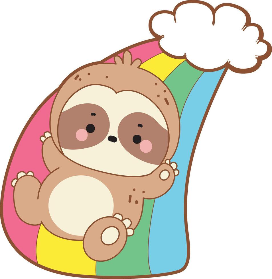 Sloth sliding in the rainbow. Twitch emote cute sloth icon. Funny baby sloth animal series stock illustration. Slow life of fluffy sloth designs. vector