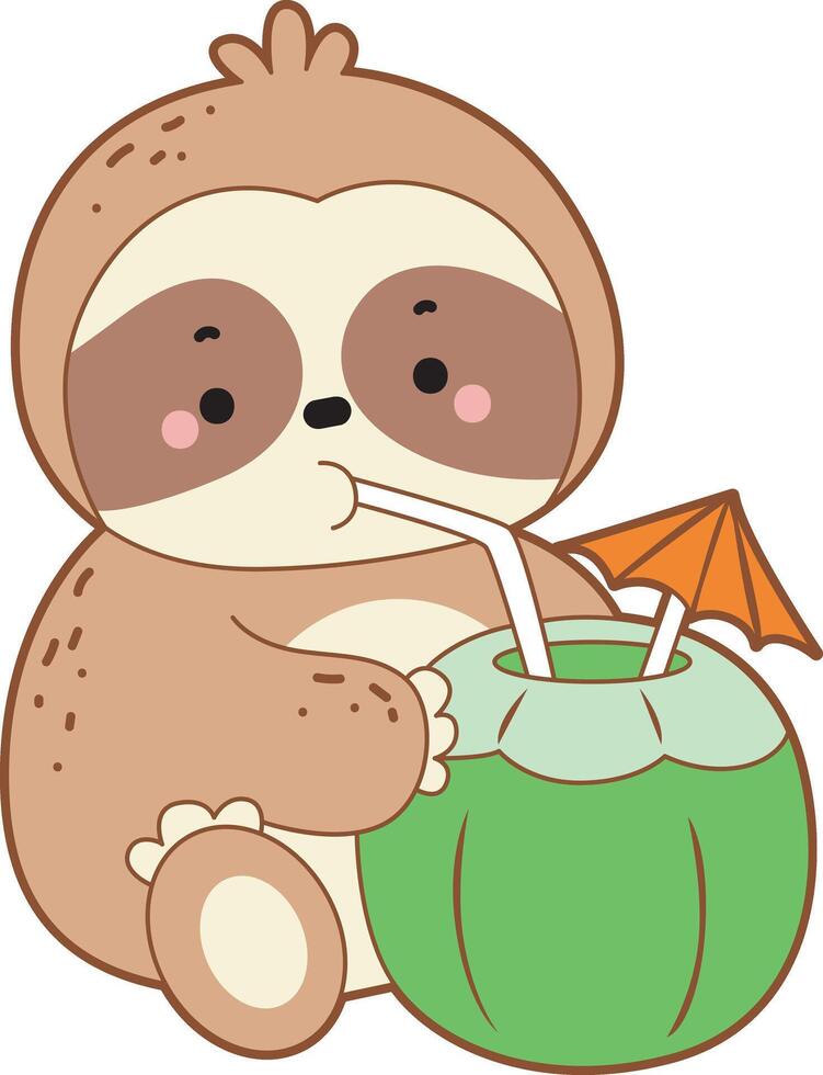 A sloth is drinking a coconut . Twitch emote cute sloth icon. Funny baby sloth animal series stock illustration. Slow life of fluffy sloth designs. vector