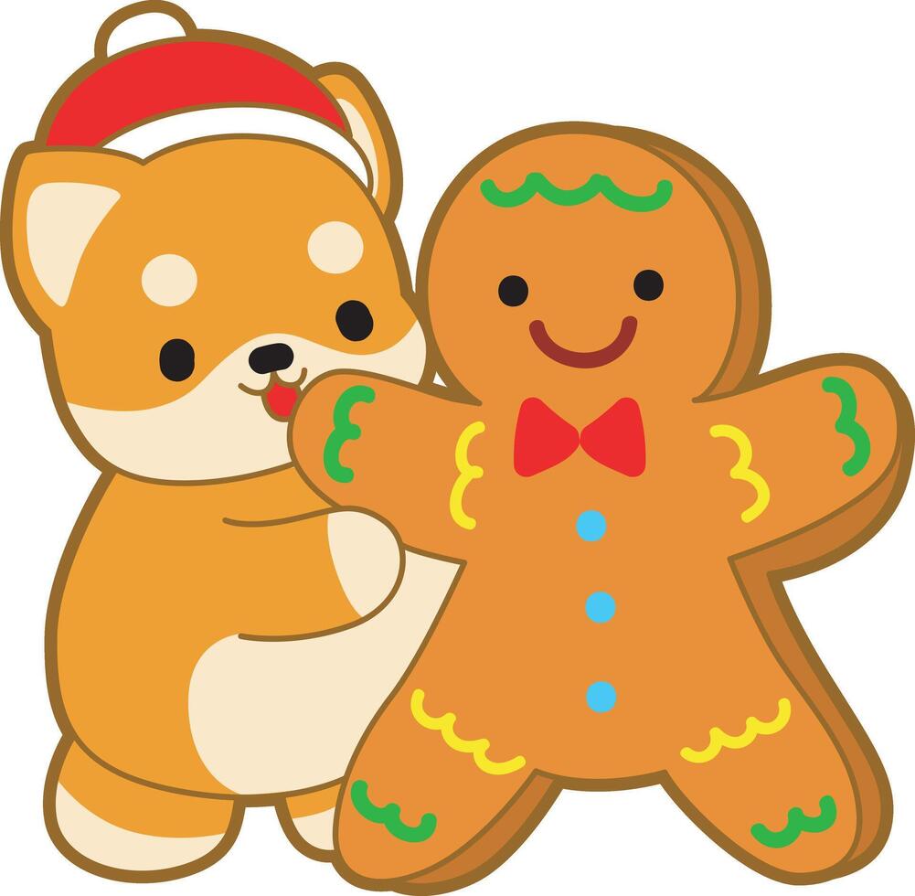 Shiba Inu with ginger bread. Cute puppy kawaii christmas dog lovely animal icon. Fluffy Shiba Inu christmas stickers. Santa doggy vector