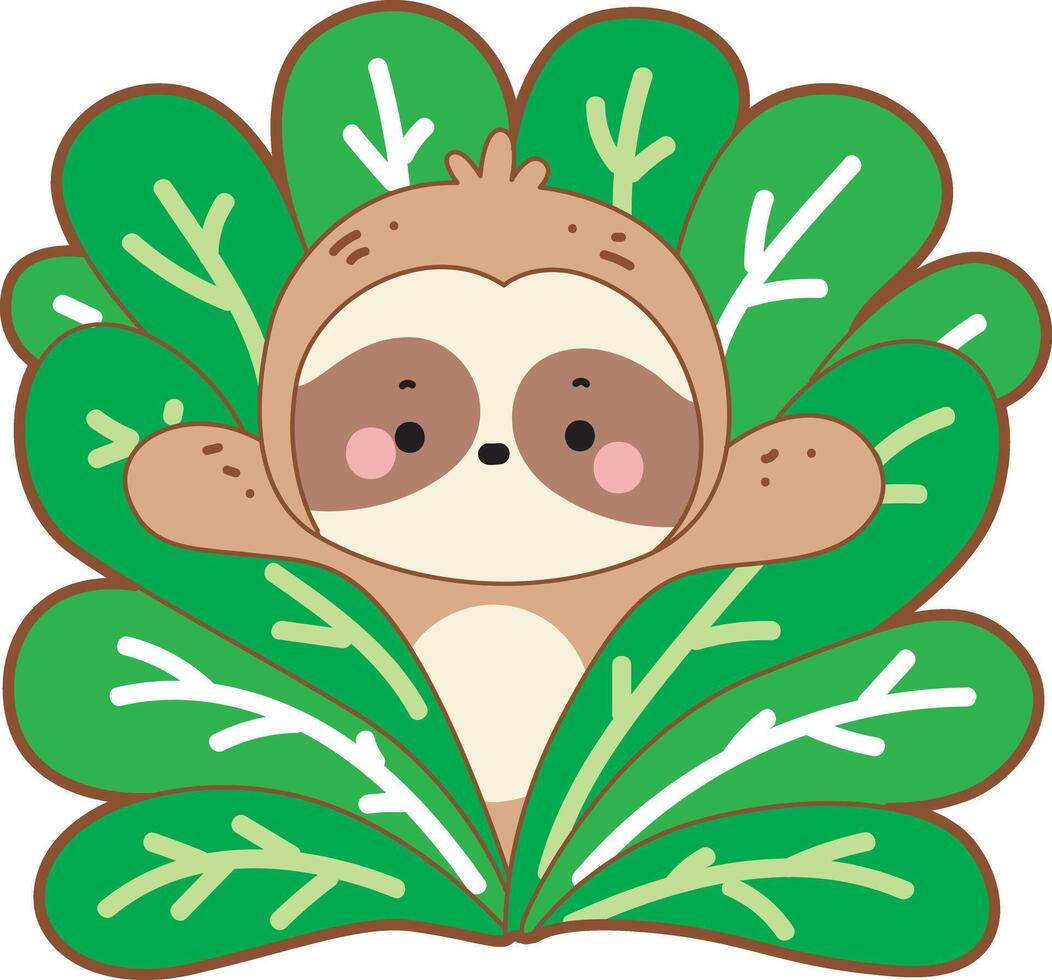Sloth in the middle of leaves. Twitch emote cute sloth icon. Funny baby sloth animal series stock illustration. Slow life of fluffy sloth designs. vector