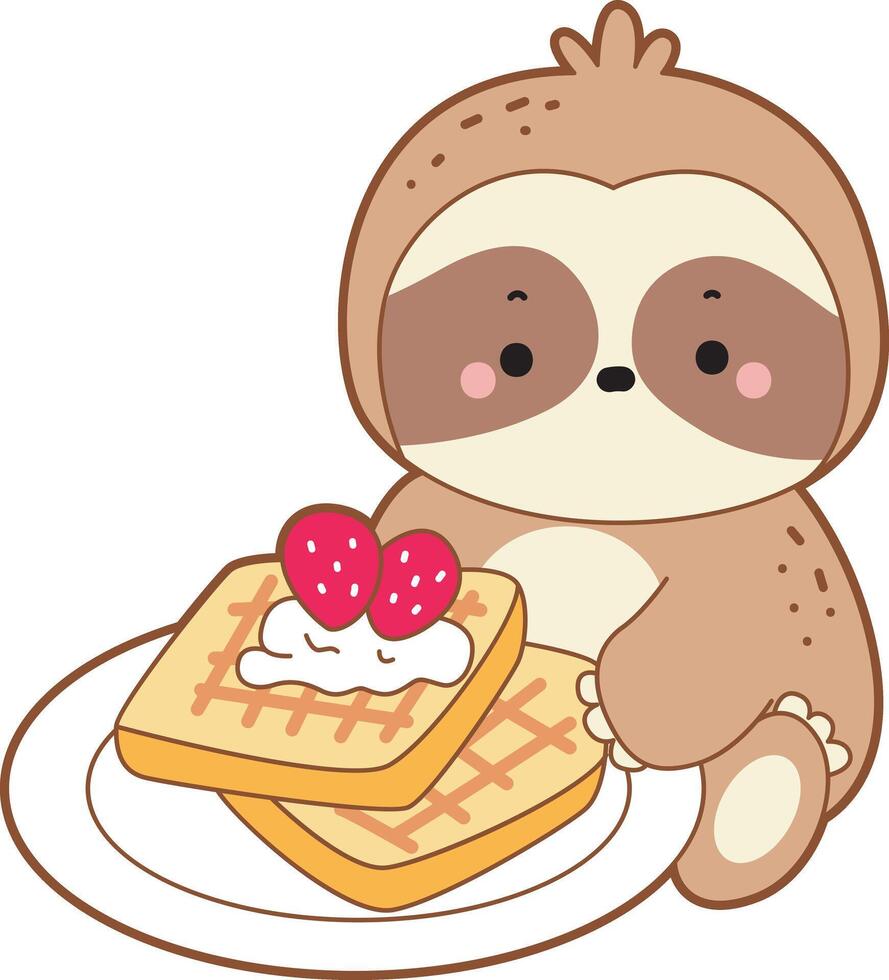 A sloth want to breakfast with strawberry bread.Cute sloth icon. Funny baby sloth animal series stock illustration. Slow life of fluffy sloth designs. vector