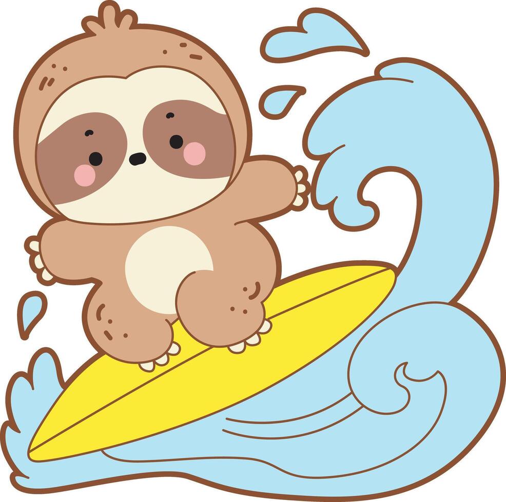 Sloth is surfing in the wave. Twitch emote cute sloth icon. Funny baby sloth animal series stock illustration. Slow life of fluffy sloth designs. vector