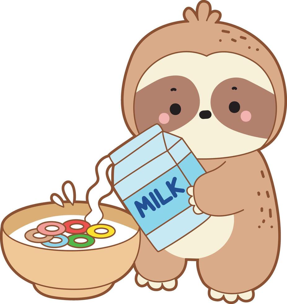 A sloth is pouring a milk into cereal. Twitch emote cute sloth icon. Funny baby sloth animal series stock illustration. Slow life of fluffy sloth designs. vector
