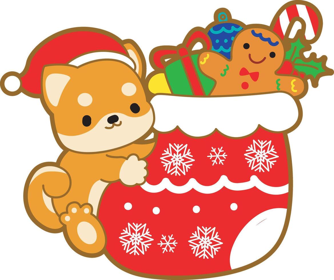 Shiba Inu hugging a socks with a lot of candy. Cute puppy kawaii christmas dog lovely animal icon. Fluffy Shiba Inu christmas stickers. Santa doggy vector