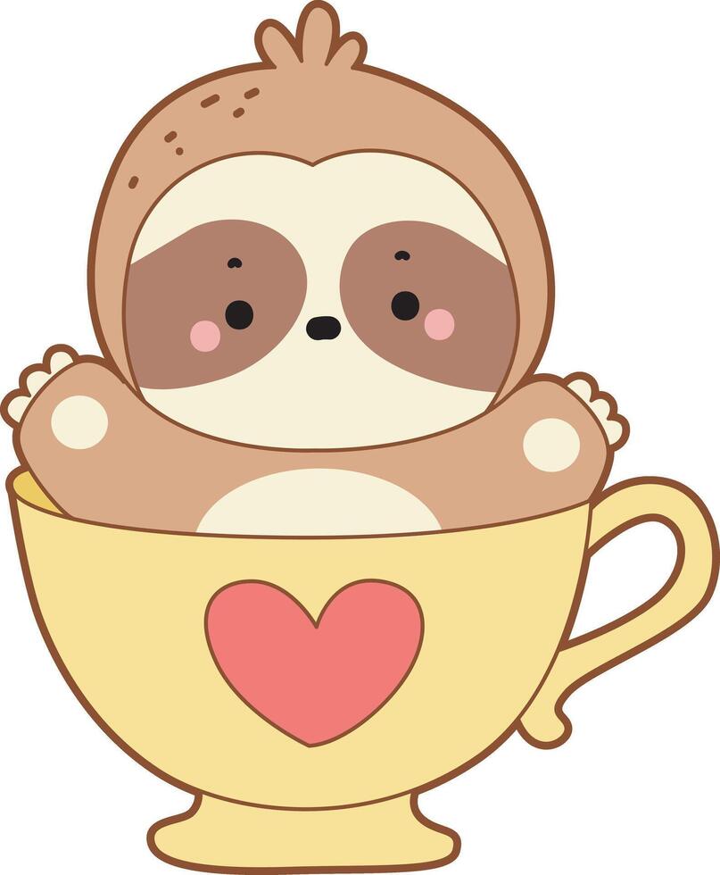 A sloth in the middle of cup. Cute sloth icon. Funny baby sloth animal series stock illustration. Slow life of fluffy sloth designs. vector