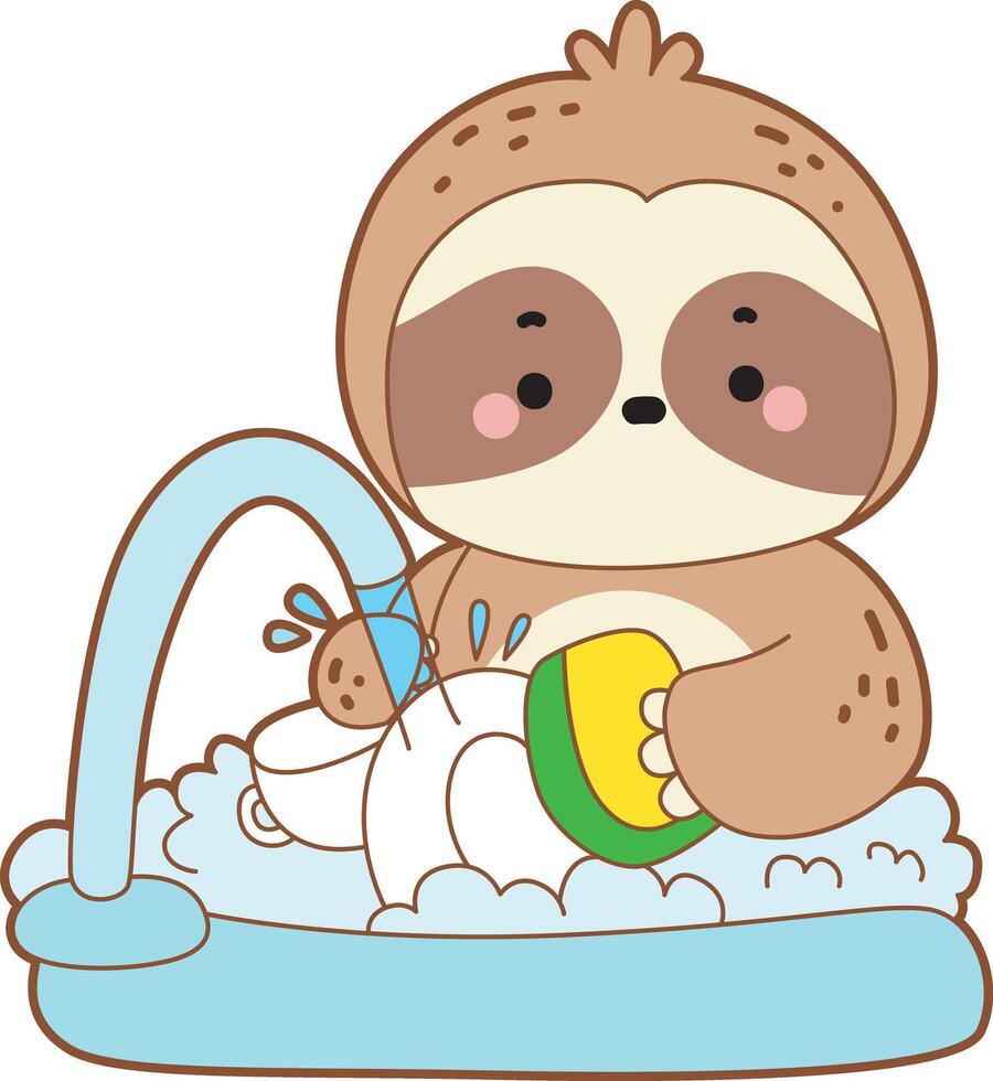 Sloth is cleaning the plate and cup with spinge in the sink. Twitch emote cute sloth icon. Funny baby sloth animal series stock illustration. Slow life of fluffy sloth designs. vector