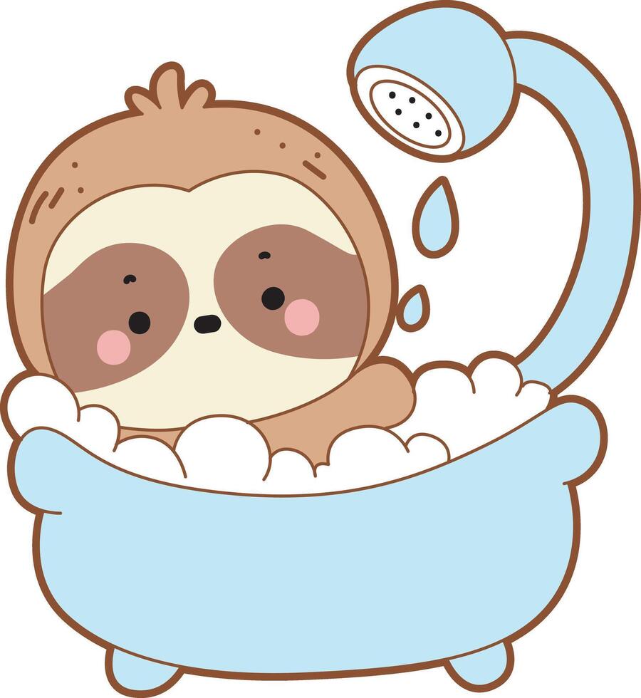 Sloth take a bath in the bath room. Twitch emote cute sloth icon. Funny baby sloth animal series stock illustration. Slow life of fluffy sloth designs. vector