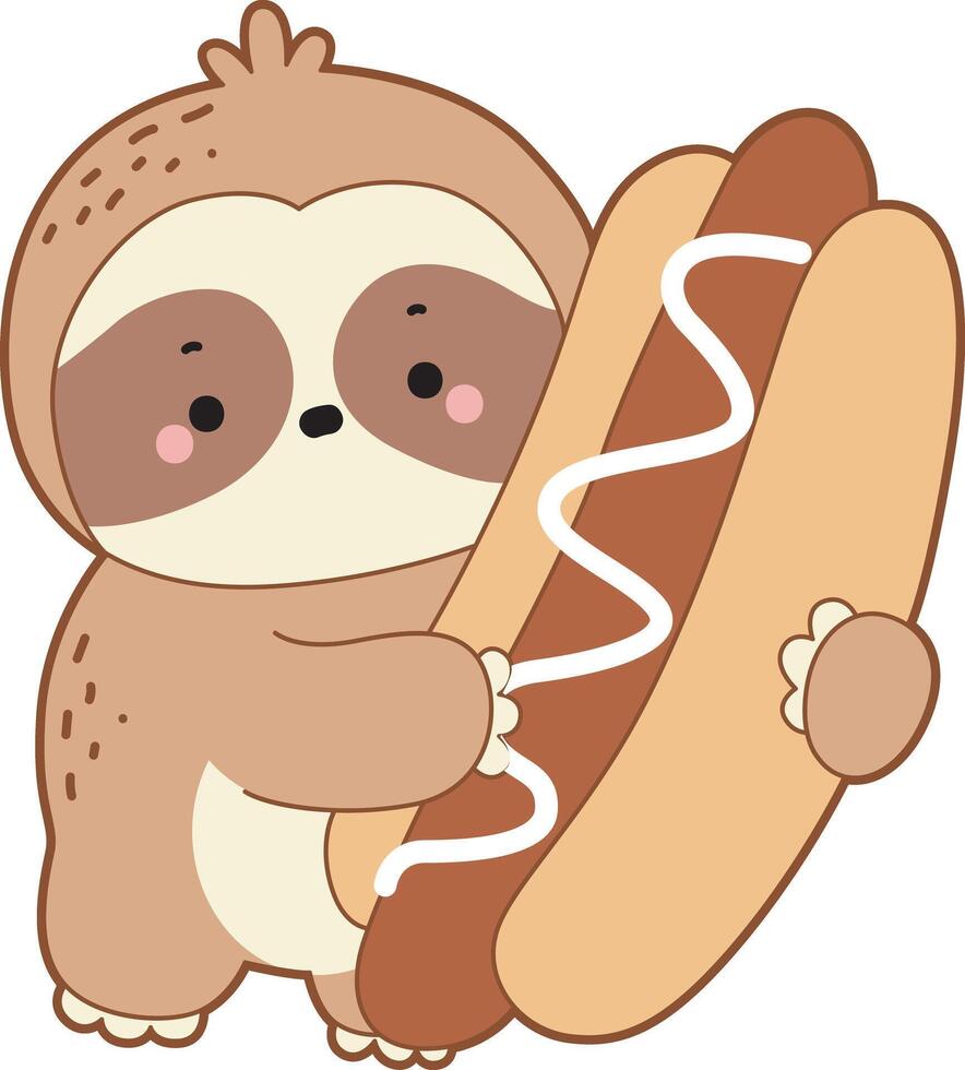 A sloth bring a hot dog with mayo. Cute sloth icon. Funny baby sloth animal series stock illustration. Slow life of fluffy sloth designs. vector