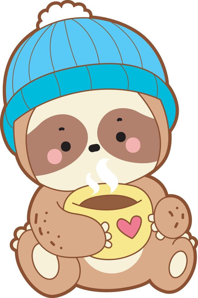 Sloth relaxing with tea time.Twitch emote cute sloth icon. Funny baby sloth animal series stock illustration. Slow life of fluffy sloth designs. vector