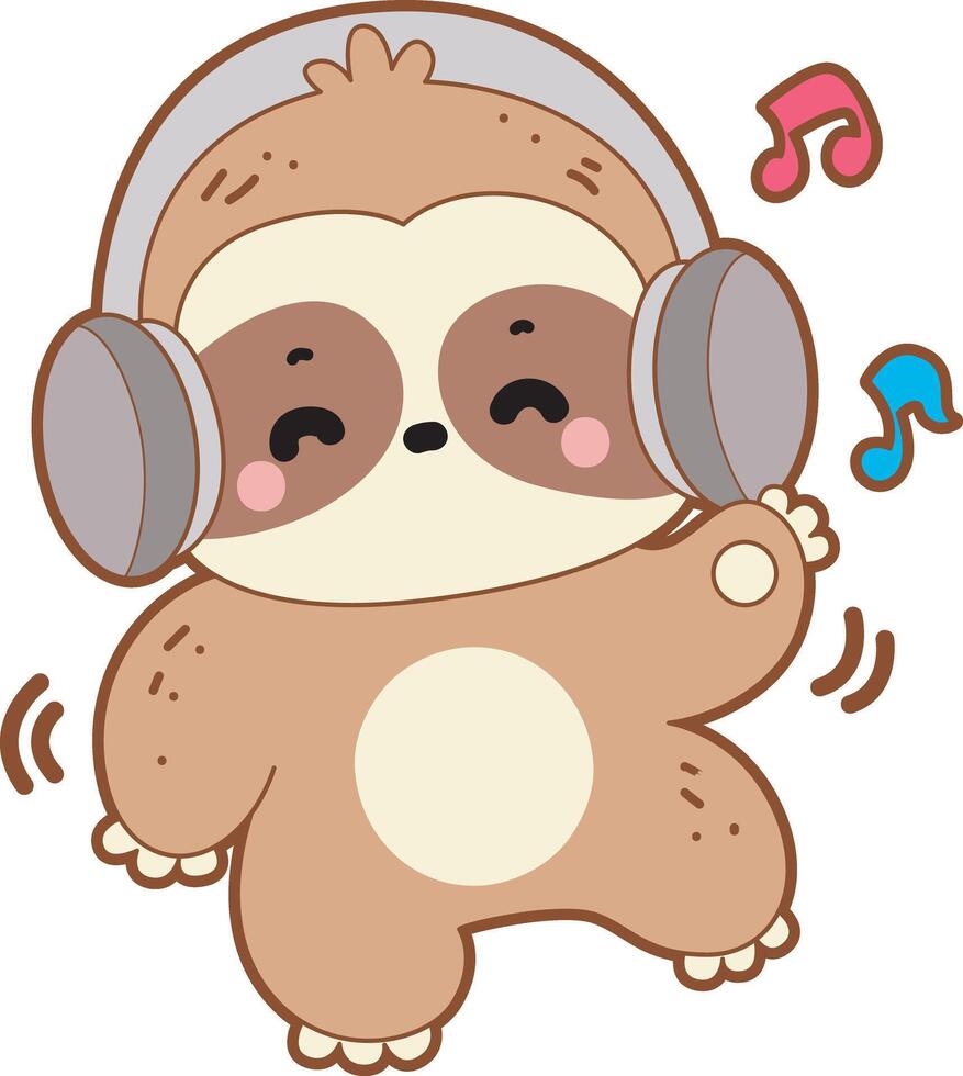 Sloth relaxing music with headphone. Twitch emote cute sloth icon. Funny baby sloth animal series stock illustration. Slow life of fluffy sloth designs. vector