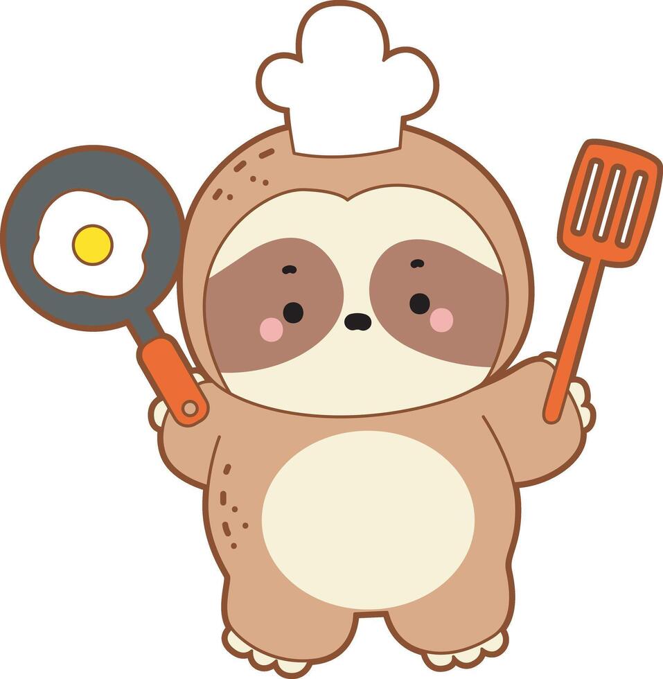 A sloth with chef hat and bring spatula and pan. Cute sloth icon. Funny baby sloth animal series stock illustration. Slow life of fluffy sloth designs. vector