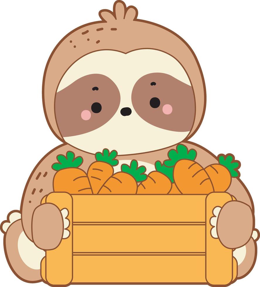 A sloth bring a lot of carrot. Cute sloth icon. Funny baby sloth animal series stock illustration. Slow life of fluffy sloth designs. vector