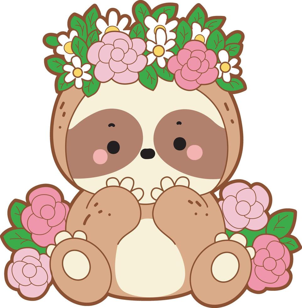 Sloth in the middle of roses. Twitch emote cute sloth icon. Funny baby sloth animal series stock illustration. Slow life of fluffy sloth designs. vector