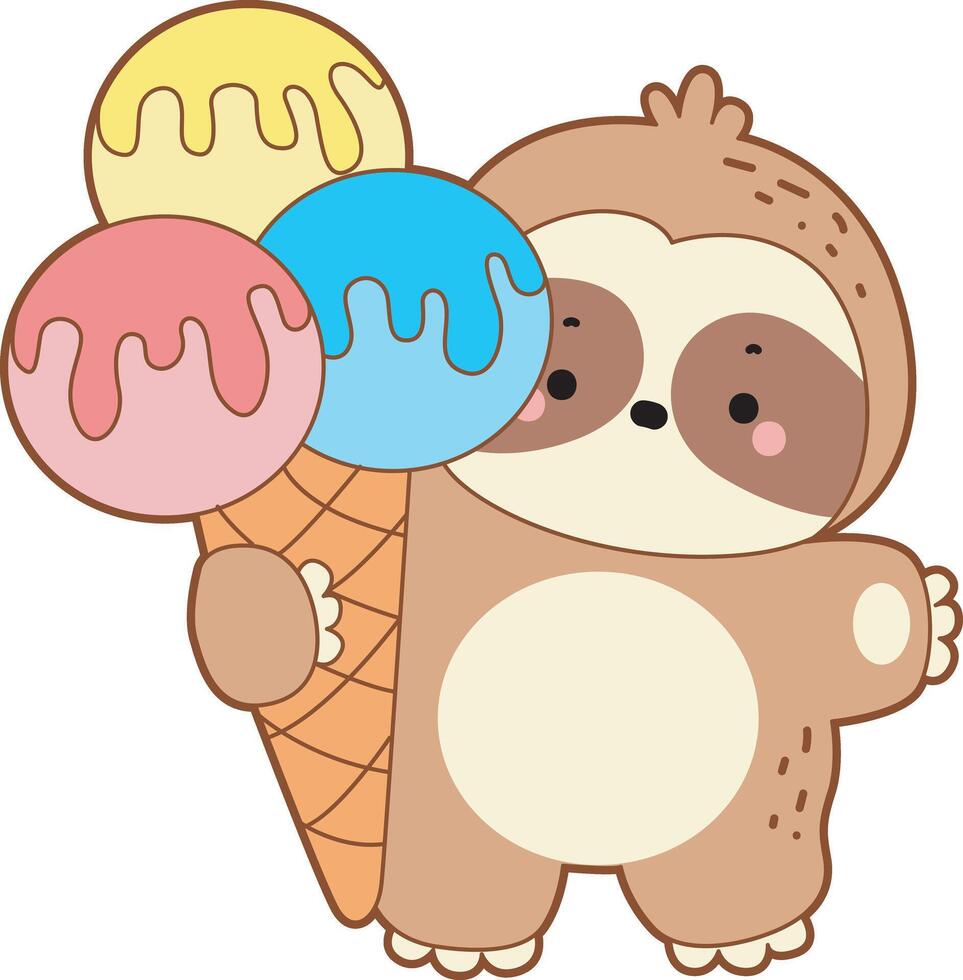 A sloth bring a three scoop of ice cream. Cute sloth icon. Funny baby sloth animal series stock illustration. Slow life of fluffy sloth designs. vector