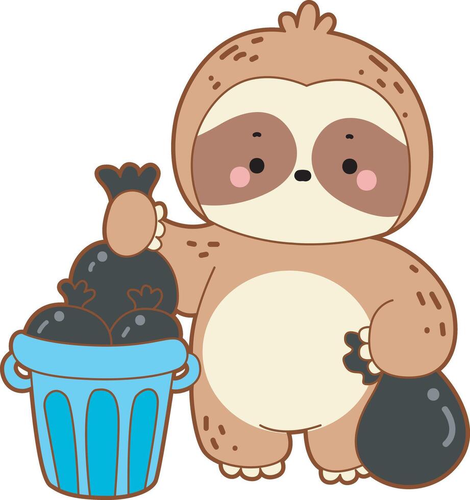 Sloth is throw a garbage in the trash.Twitch emote cute sloth icon. Funny baby sloth animal series stock illustration. Slow life of fluffy sloth designs. vector