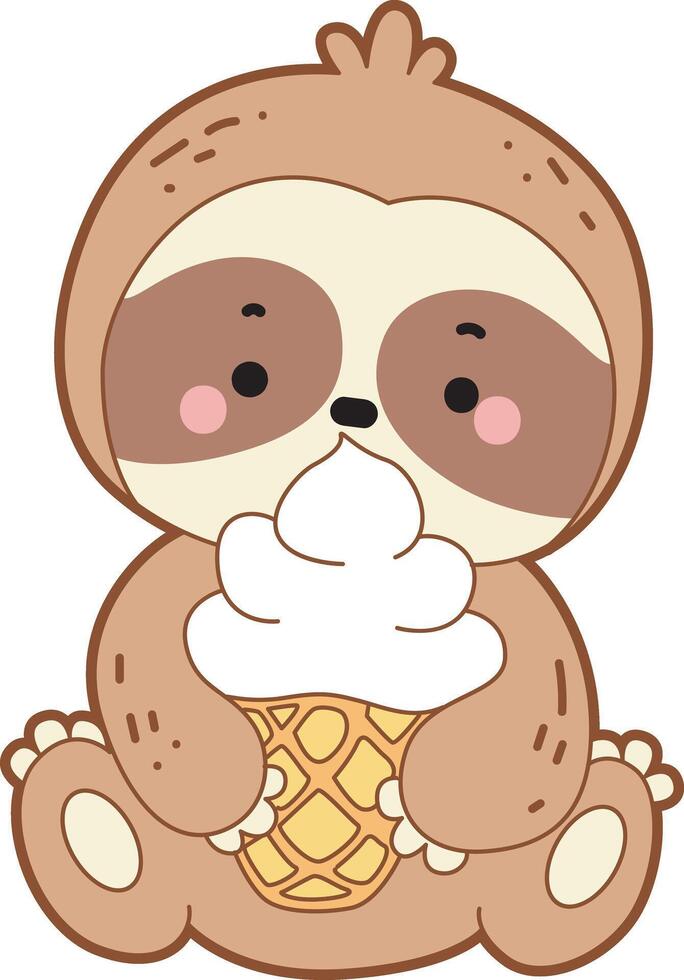 Sloth enjoy the ice cream. Twitch emote cute sloth icon. Funny baby sloth animal series stock illustration. Slow life of fluffy sloth designs. vector