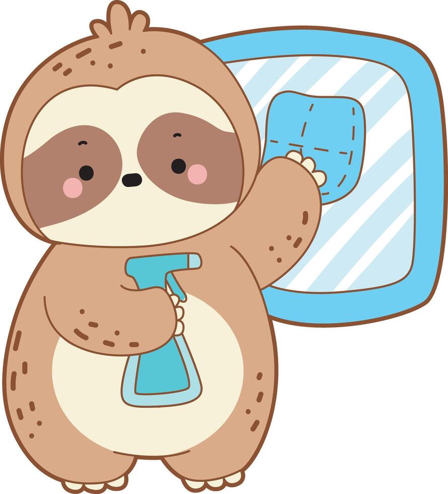 Sloth is cleaning the window with wipe and spray. Twitch emote cute sloth icon. Funny baby sloth animal series stock illustration. Slow life of fluffy sloth designs. vector