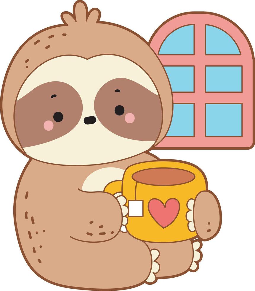 Sloth is relaxing with hot tea at home. Twitch emote cute sloth icon. Funny baby sloth animal series stock illustration. Slow life of fluffy sloth designs. vector