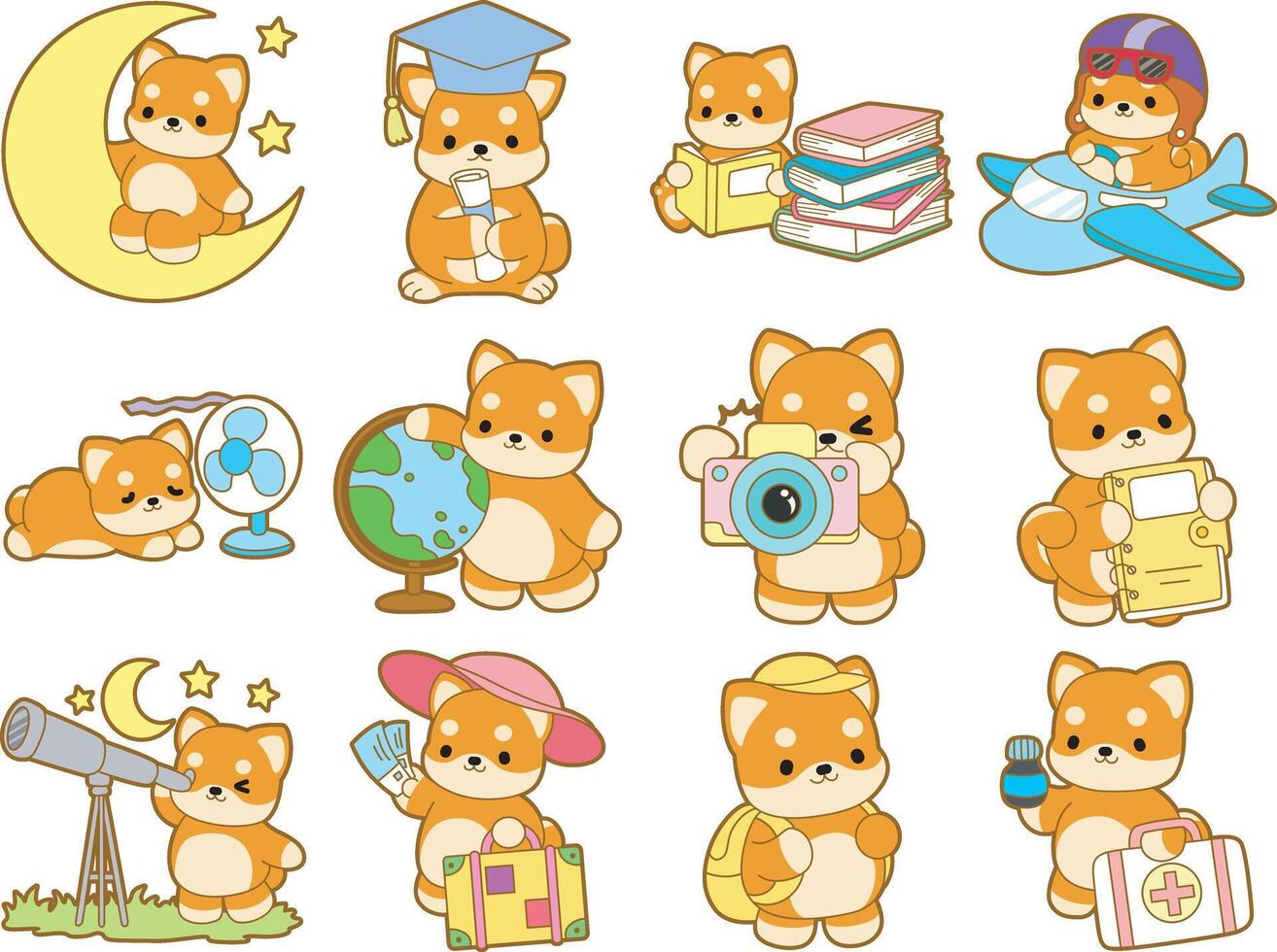 Shiba Inu in the variation of education and smart elements. Cute puppy kawaii dog lovely animal icon. Fluffy Shiba Inu pet stickers. Happy doggy activities illustrations. vector