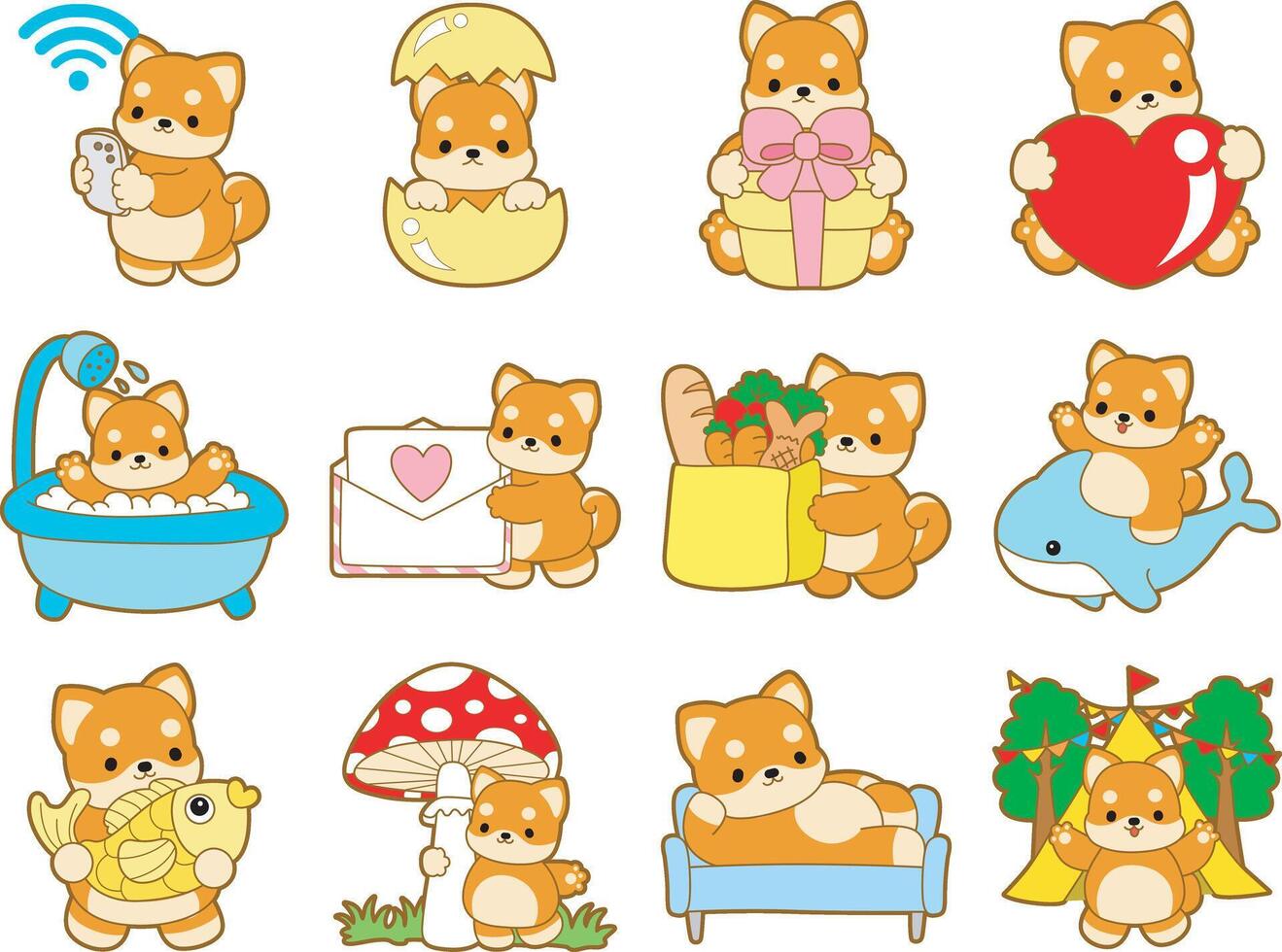 Shiba Inu in the variation random of activites daily life. Cute puppy kawaii dog lovely animal icon. Fluffy Shiba Inu pet stickers. Happy doggy activities illustrations. vector