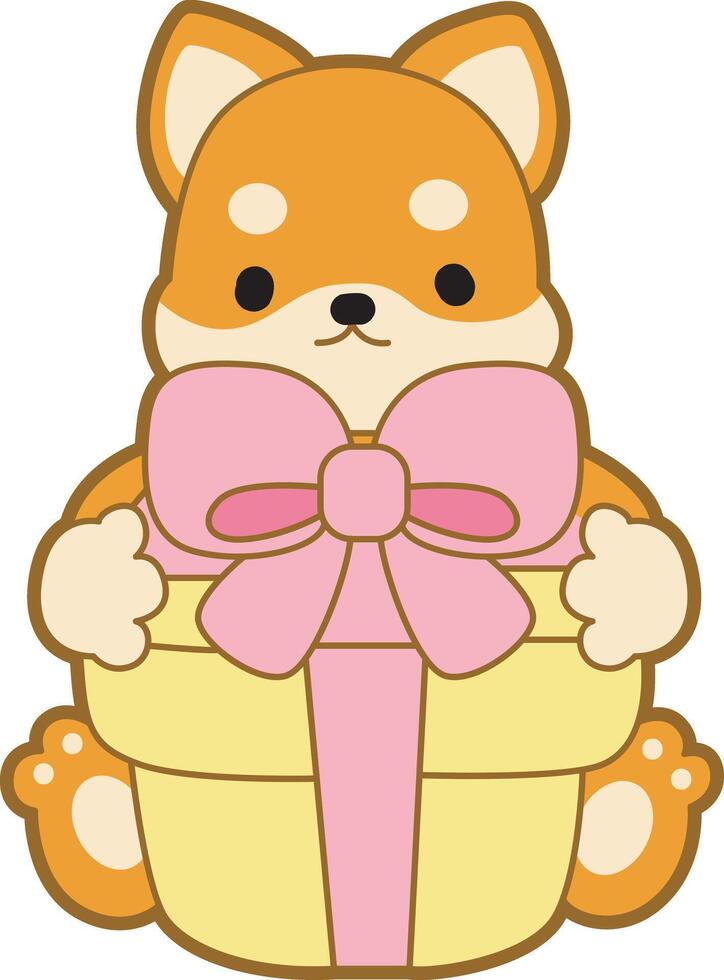 Shiba Inu bring a big gift. Cute puppy kawaii dog lovely animal icon. Fluffy Shiba Inu pet stickers. Happy doggy activities illustrations. vector